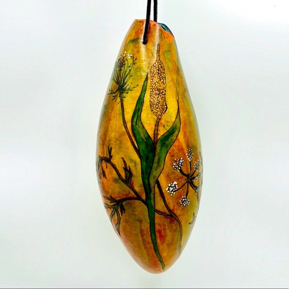 “ Hanging Cattails & Lace ” Original Gourd Art Vase / Vessel by Kristina Simkins - Picture 1 of 10